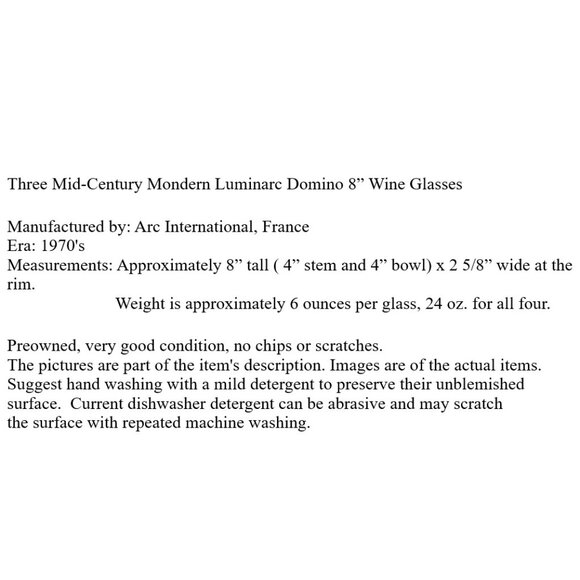 Three Mid-Century Mondern Luminarc Domino 8” Wine Glasses - Picture 3 of 3